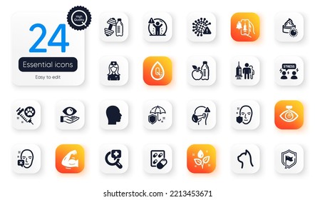 Set of Healthcare flat icons. Head, No alcohol and Dog vaccination elements for web application. Healthy food, Face declined, Covid virus icons. Umbrella, Face protection. Vector