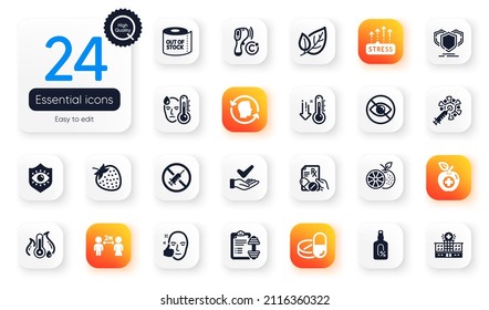 Set of Healthcare flat icons. Prescription drugs, Stress grows and Not looking elements for web application. Dumbbell, Face id, Fever temperature icons. Fever, Toilet paper, Shields elements. Vector