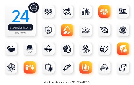 Set of Healthcare flat icons. Sick man, Clean skin and Hand sanitizer elements for web application. Coronavirus, Clean hands, Electronic thermometer icons. Leaf dew, Medical help. Vector