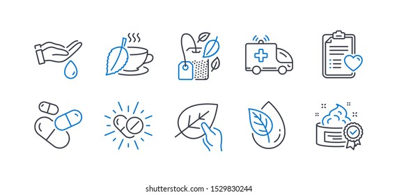 Set of Healthcare icons, such as Ambulance car, Wash hands, Mint tea, Organic product, Capsule pill, Patient history, Organic tested, Mint bag, Medical drugs, Cream line icons. Vector