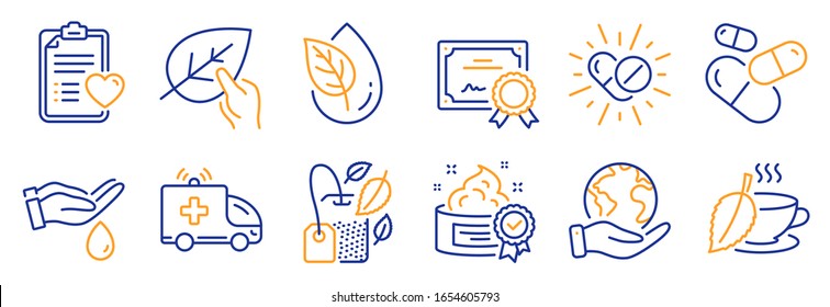 Set of Healthcare icons, such as Ambulance car, Wash hands. Certificate, save planet. Mint tea, Organic product, Capsule pill. Patient history, Organic tested, Mint bag. Vector