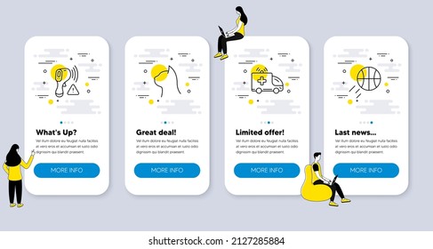 Set of Healthcare icons, such as Ambulance car, Pets care, Electronic thermometer icons. UI phone app screens with people. Basketball line symbols. Vector