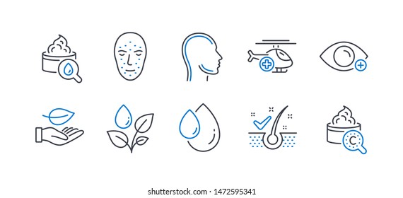 Set of Healthcare icons, such as Anti-dandruff flakes, Oil drop, Leaf, Plants watering, Face biometrics, Farsightedness, Moisturizing cream, Head, Medical helicopter, Collagen skin. Vector