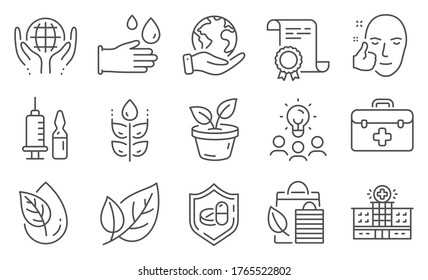 Set of Healthcare icons, such as Bio shopping, Hospital building. Diploma, ideas, save planet. Organic product, Organic tested, Medical vaccination. Rubber gloves, First aid, Leaf. Vector