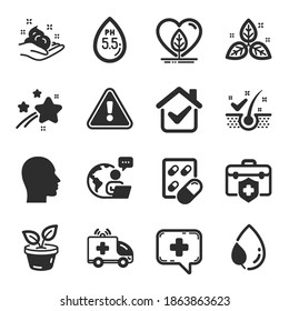 Set of Healthcare icons, such as Capsule pill, Ambulance car, Leaves symbols. Local grown, Anti-dandruff flakes, Skin care signs. Medical chat, Fair trade, Medical insurance. Head. Vector