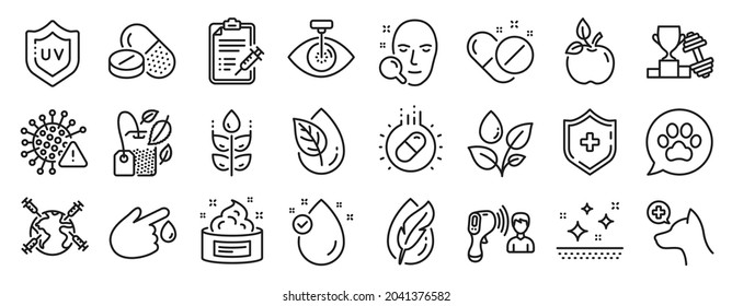 Set Of Healthcare Icons, Such As Capsule Pill, Medical Shield, Covid Virus Icons. Vitamin E, Skin Cream, Electronic Thermometer Signs. Plants Watering, Pets Care, Uv Protection. Eco Food. Vector