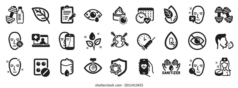 Set of Healthcare icons, such as Drop counter, Vaccine report, Dumbbell icons. Cardio calendar, World vaccination, Cough signs. Plants watering, Face biometrics, Organic product. Leaf. Vector