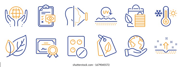 Set of Healthcare icons, such as Eye checklist, Thermometer. Certificate, save planet. Medical tablet, Uv protection, Leaf. Bio tags, Organic tested, Clean skin. Vector