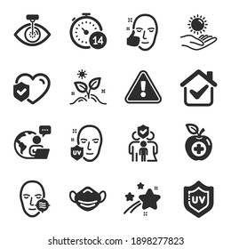 Set of Healthcare icons, such as Eye laser, Problem skin, Life insurance symbols. Family insurance, Uv protection, Sun protection signs. Healthy face, Grow plant, Quarantine. Medical mask. Vector