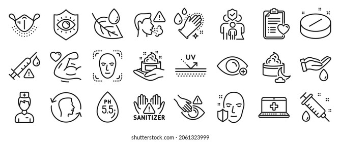 Set Of Healthcare Icons, Such As Eye Protection, Medical Syringe, Cough Icons. Doctor, Face Detection, Night Cream Signs. Wash Hands, Skin Care, Strong Arm. Vaccine Attention, Face Id. Vector