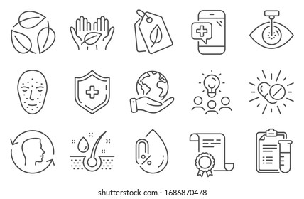 Set of Healthcare icons, such as Face biometrics, No alcohol. Diploma, ideas, save planet. Serum oil, Medical shield, Fair trade. Face id, Medical drugs, Bio tags. Eye laser, Leaves line icons. Vector