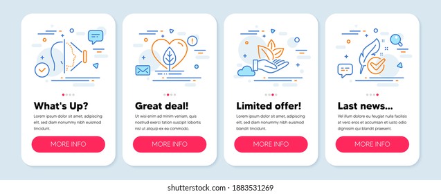 Set of Healthcare icons, such as Face id, Organic product, Local grown symbols. Mobile screen banners. Hypoallergenic tested line icons. Phone scanning, Leaf, Organic tested. Feather. Vector