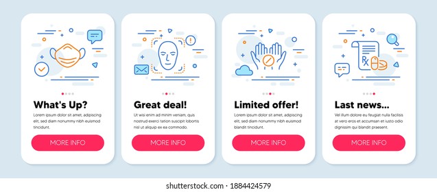 Set of Healthcare icons, such as Face detection, Medical tablet, Medical mask line icons. Mobile app mockup banners. Detect person, Medicine pill, Respirator. Medicine drugs. Vector