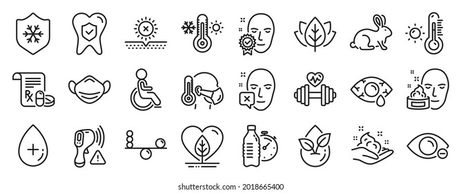 Set Of Healthcare Icons, Such As Face Declined, Weather Thermometer, Dental Insurance Icons. Dumbbell, Organic Tested, Balance Signs. Thermometer, Conjunctivitis Eye, Myopia. Clean Skin. Vector
