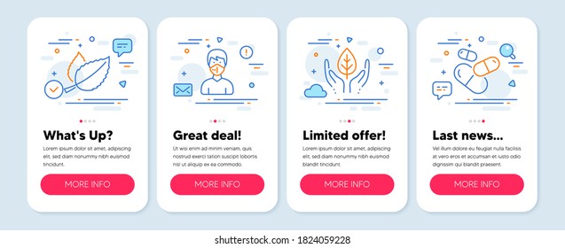 Set of Healthcare icons, such as Fair trade, Medical mask, Mint leaves symbols. Mobile screen mockup banners. Capsule pill line icons. Safe nature, Respirator, Mentha herbal. Medicine drugs. Vector