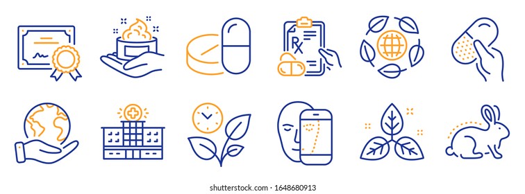 Set of Healthcare icons, such as Hospital building, Animal tested. Certificate, save planet. Eco organic, Medical drugs, Skin care. Leaves, Face biometrics, Prescription drugs. Vector