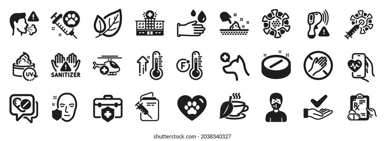 Set of Healthcare icons, such as Hospital building, Pets care, Mint tea icons. Medical insurance, Leaf, Uv protection signs. High thermometer, Dont touch, Fahrenheit thermometer. Cough. Vector