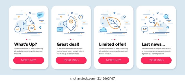 Set of Healthcare icons, such as Leaf, Medical mask, Uv protection symbols. Mobile screen banners. Skin moisture line icons. Environmental, Surgical mask, Skin cream. Wet cream. Leaf icons. Vector