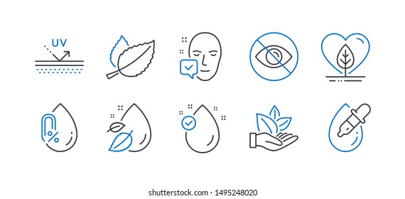 Set of Healthcare icons, such as Local grown, Face accepted, Uv protection, Not looking, Mint leaves, Organic product, Water drop, No alcohol, Vitamin e, Eye drops line icons. Vector