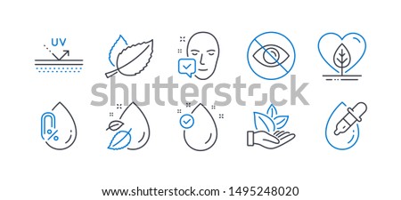 Set of Healthcare icons, such as Local grown, Face accepted, Uv protection, Not looking, Mint leaves, Organic product, Water drop, No alcohol, Vitamin e, Eye drops line icons. Vector Foto d'archivio © 