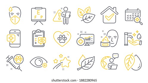 Set of Healthcare icons, such as Medical analytics, Sick man, Farsightedness symbols. Dog vaccination, Face cream, Medical calendar signs. Pets care, Mineral oil, Vision board. Leaf. Vector