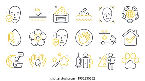 Set Of Healthcare Icons, Such As Natural Linen, No Alcohol, Medical Vaccination Symbols. Wash Hands, Skin Cream, Do Not Touch Signs. Dog Paw, Uv Protection, Face Detection. Eco Organic. Vector