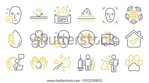 Set of Healthcare icons, such as Natural linen, No\
alcohol, Medical vaccination symbols. Wash hands, Skin cream, Do\
not touch signs. Dog paw, Uv protection, Face detection. Eco\
organic. Vector