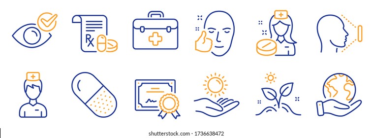 Set of Healthcare icons, such as Nurse, Capsule pill. Certificate, save planet. Face id, Medical prescription, First aid. Healthy face, Doctor, Check eye. Sun protection, Grow plant line icons. Vector