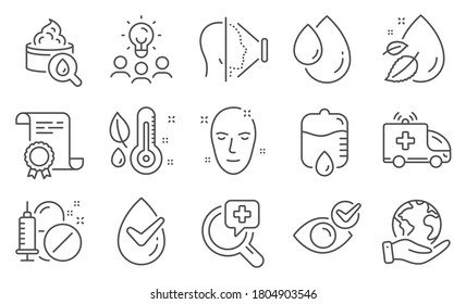 Set of Healthcare icons, such as Oil drop, Moisturizing cream. Diploma, ideas, save planet. Water drop, Health skin, Check eye. Dermatologically tested, Thermometer, Face id. Vector