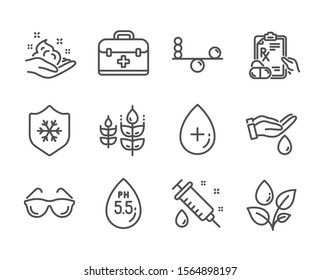 Set of Healthcare icons, such as Plants watering, Medical syringe, Balance, Eyeglasses, Clean skin, Ph neutral, Skin care, Gluten free, Wash hands, Oil serum, Prescription drugs, First aid. Vector