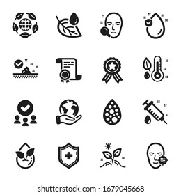Set of Healthcare icons, such as Problem skin, Skin care. Certificate, approved group, save planet. Artificial colors, Organic product, Leaf dew. Face search, Eco organic, Thermometer. Vector