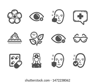 Set of Healthcare icons, such as Skin care, Leaves, Farsightedness, Healthy face, Natural linen, Health skin, Medical chat, Capsule pill, Eyeglasses, Oculist doctor, Face protection. Vector