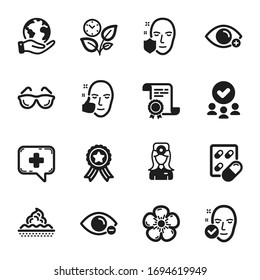 Set of Healthcare icons, such as Skin care, Leaves. Certificate, approved group, save planet. Farsightedness, Healthy face, Natural linen. Health skin, Medical chat, Capsule pill. Vector