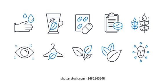 Set of Healthcare icons, such as Slow fashion, Rubber gloves, Medical prescription, Leaves, Organic product, Gluten free, Mint leaves, Health eye, Capsule pill, Face biometrics line icons. Vector