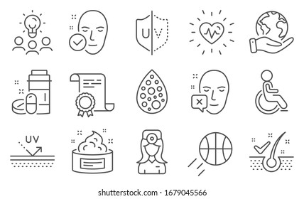 Set of Healthcare icons, such as Uv protection, Uv protection. Diploma, ideas, save planet. Health skin, Face declined, Oculist doctor. Medical drugs, Heartbeat, Anti-dandruff flakes. Vector