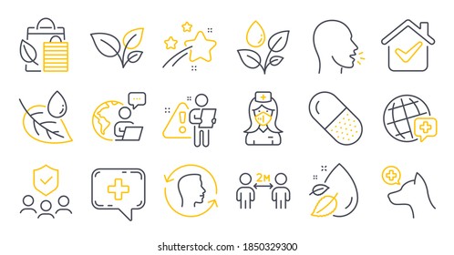 Set of Healthcare icons, such as Veterinary clinic, Bio shopping, People insurance symbols. Water drop, Social distancing, Capsule pill signs. Leaves, Leaf dew, Cough. Plants watering. Vector