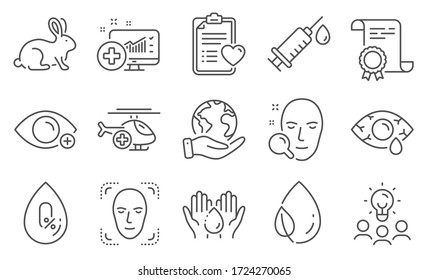 Set of Healthcare icons, such as Wash hands, Animal tested. Diploma, ideas, save planet. Leaf dew, No alcohol, Ð¡onjunctivitis eye. Face search, Patient history, Farsightedness. Vector