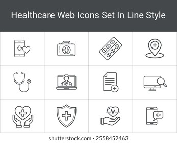 A set of Healthcare line Icons, elements mobile health apps, doctor consultations, pills and stethoscopes. flat simple line icon set vector