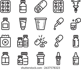 Set of healthcare line icons featuring outline medicine, drugs, capsules, and pills. The set includes tablets, bottles, and various medical supplies on transparent.