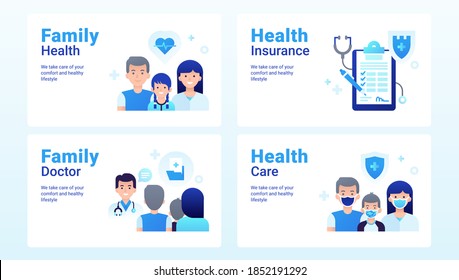 Set of healthcare, medical insurance and family doctor. Family health concept of flat vector illustration for web banner, infographics or printing. Modern medical icons and elements isolated on white