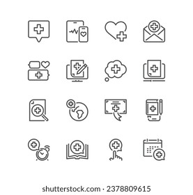 Set of healthcare and medicine related icons, smart healtcare, wait times, mental health, medical care and linear variety vectors.