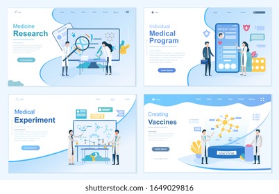 Set of healthcare and medicine templates depicting online and lab research, experiments, online medical program and clinic doing vaccinations, vector illustrations