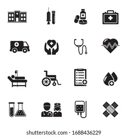 Set of healthcare related icons in glyph style isolated on white background 