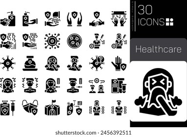 Conjunto de iconos sólidos para el cuidado de la salud en estilo lineal. Opinión y Encuesta del usuario. Colección de iconos sólidos. Pictograma conceptual e infografía.