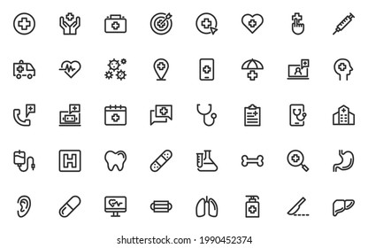 set of healthcare thin line icon perfect pixel 64x64, online healthcare, hospital, doctor