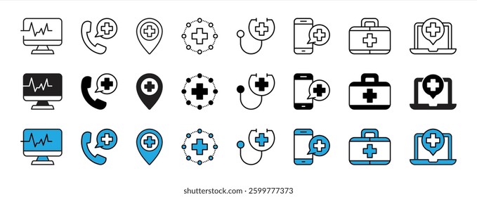 set of healthcare thin line icon. contain digital healthcare, cardiogram, medicine, online, emergency, checkup, doctor icon collections. vector illustration