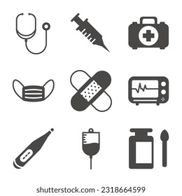 Set von Gesundheitstools Glyph Solid Icon. Stethoskop, Injektion, medizinische Maske, Infusion, Thermometer und mehr. Bearbeitbarer Stroke. Vektorgrafik-EPS10