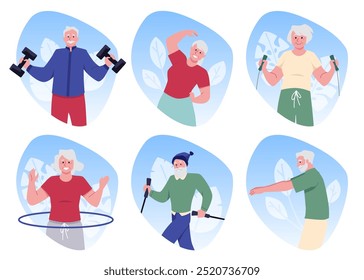 A set of health-oriented vector icons depicting elderly people doing sports. Enjoying a workout with a skipping rope, dumbbells and a walking stick