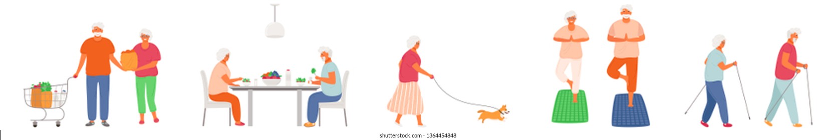 Set of healthy active lifestyle seniors. Elderly people characters. Old people eat healthy food, do yoga, nordic walking, walk their pet. Grandfather and grandmother isolated on white background.EPS8.