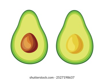 Set of healthy avocado halves in cartoon style. Vector illustration of delicious avocado halves with and without pit isolated on white background. Nutritious avocados. A healthy snack.